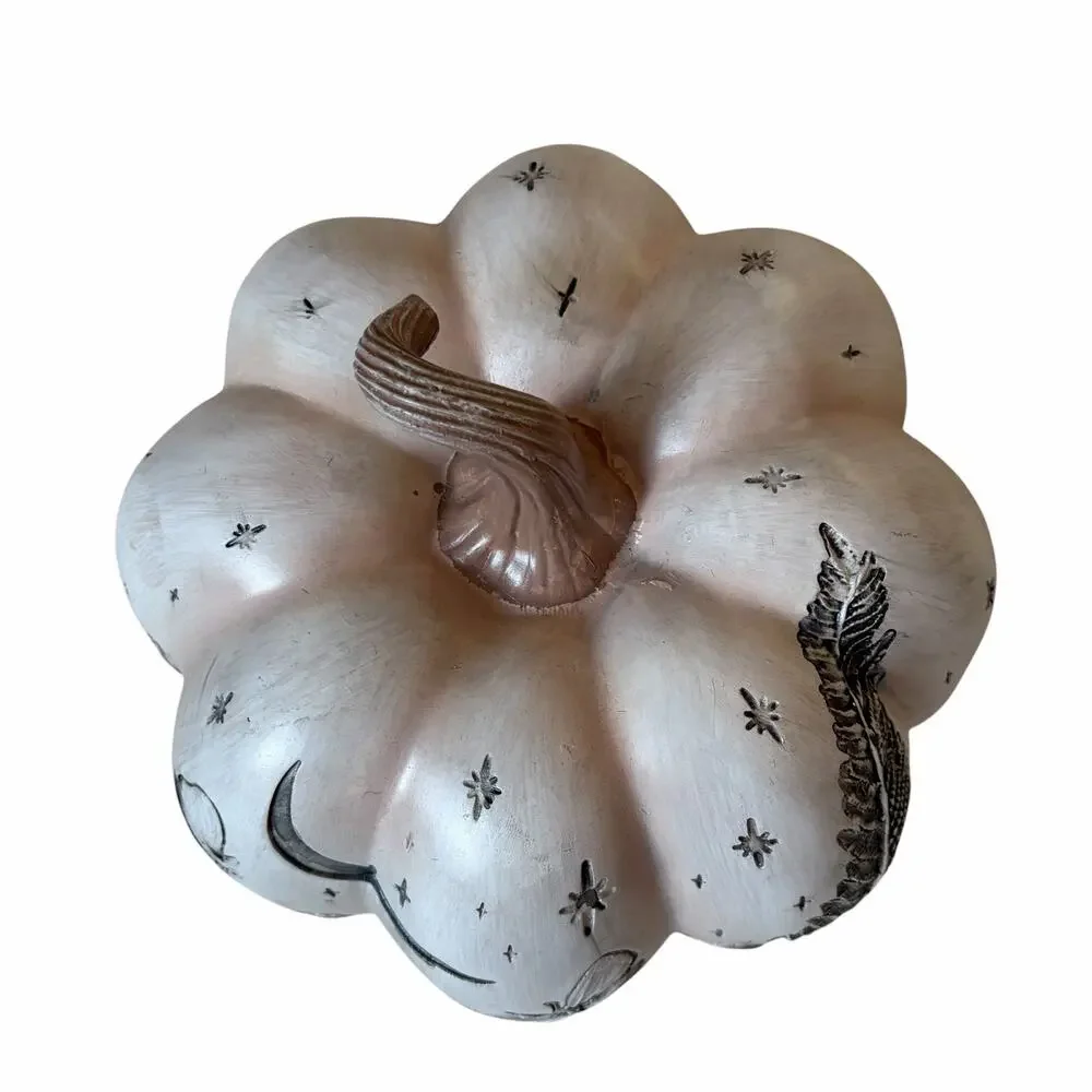 Pink Celestial Etched Halloween Pumpkin 10in Fall Butterfly Fern Forest NEW